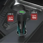 P1400A, UNITEK 38W 2-Port Car Charger (USB-C PD 20W + USB-A QC3.0), Black