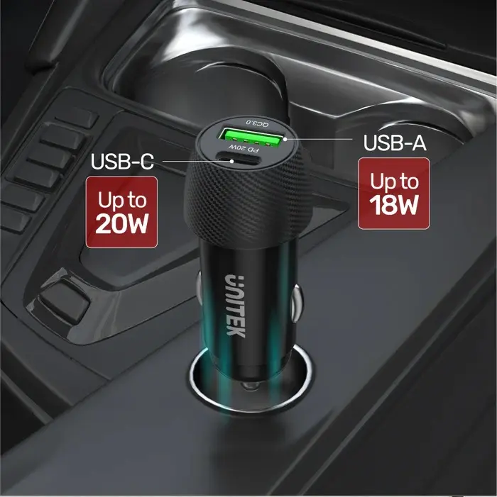 P1400A, UNITEK 38W 2-Port Car Charger (USB-C PD 20W + USB-A QC3.0), Black P1400A, UNITEK 38W 2-Port Car Charger (USB-C PD 20W + USB-A QC3.0), Black