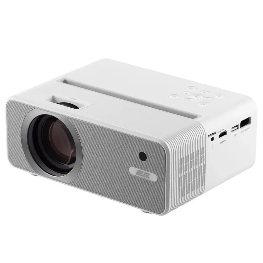 2E, Projector, Deimos FHD (1920×1080), LED lumens 200 ANSI, HDMI, USB, MicroSD, WiFi, Bluetooth Speaker 5 W.