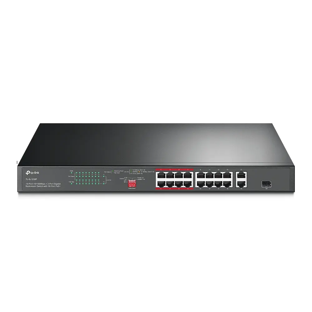 TP-Link, TL-SL1218P, 16-Port 10/100 Mbps + 2-Port Gigabit Rackmount Switch with 16-Port PoE+
