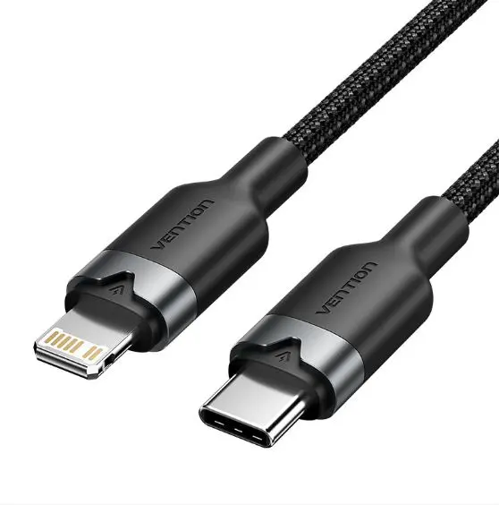 LALBF VENTION USB 2.0 Type-C Male to Lightning Male 3A Cable Black Aluminum Alloy Type 1M