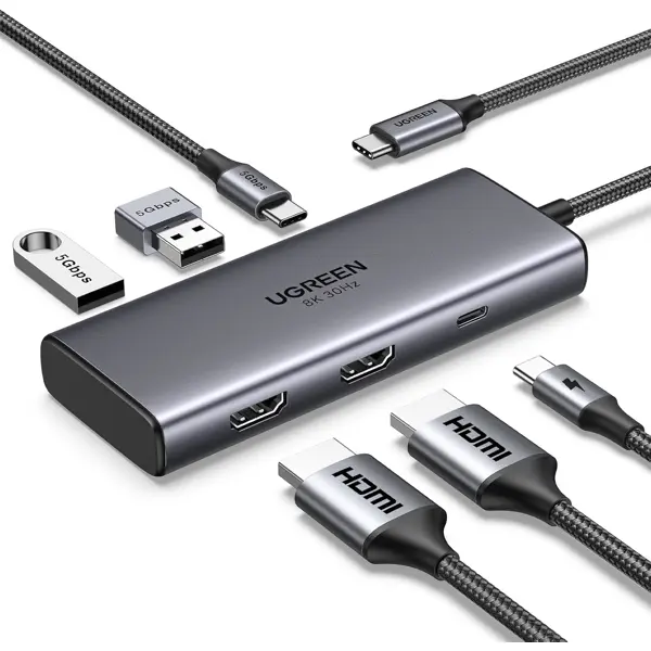 CM498 , UGREEN, HUB, USB-C hub Revodok 206, 2xHDMI, USB, Type-C,Grey.