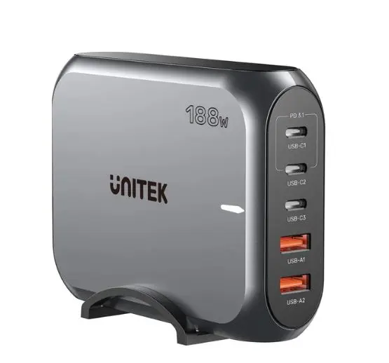 P1234A, UNITEK, Charger, 188W 5-in-1 PD3.1 Desktop Charging Station (2*Type C 140W+Type C 30W+USB 30W+USB 18W), 1.5M Power C