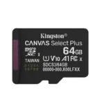SDCS3/64GBSP, KINGSTON, Memory Card, 64GB microSDXC Canvas Select Plus Gen3 100MB/s A1.