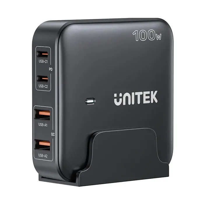 P1229ABK, UNITEK, Charger, 100W 4-in-1 Desktop GaN Charger (2*USB-C PD + 2*USB-A QC3.0), with 1.5M Power Cord, Black.