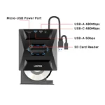 UNITEK, USB Adapter, T1037A01,, 5-in-1 External Optical Drive with USB Hub,SD Card Reader- Up to 5 Gbps; 8x DVDR, 24x CD wri